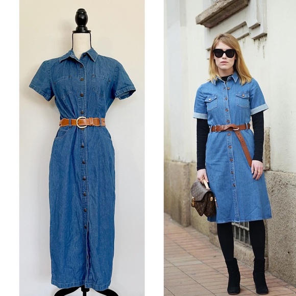SOLD :: Vintage 90s Denim Midi Dress - Picture 2 of 11